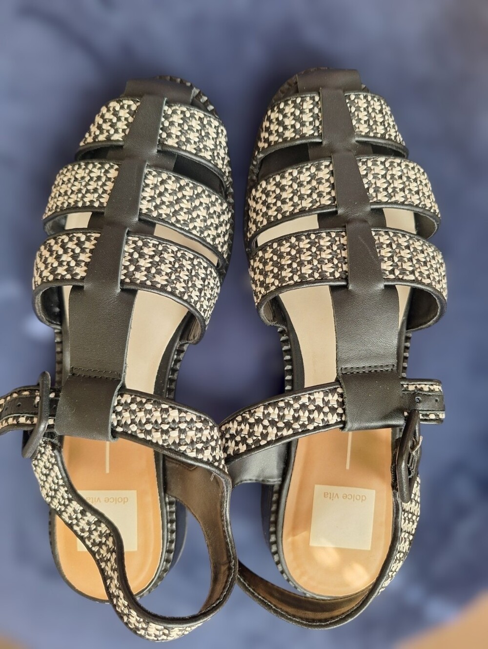 Dolce Vita Black and White Woven-Strap Fisherman Sandals - Fabric 8.5